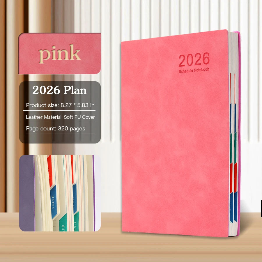2026 A5 – Carnet de calendrier quotidien et hebdomadaire de 365 jours, journal de calendrier portable pour le bureau scolaire, couverture en cuir PU