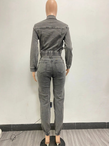 Ensemble pantalon à manches longues pour femmes, survêtement avec fermeture éclair, manteau en Denim, Cargo, longueur cheville, poches, haute rue épissé, Slim, 2024
