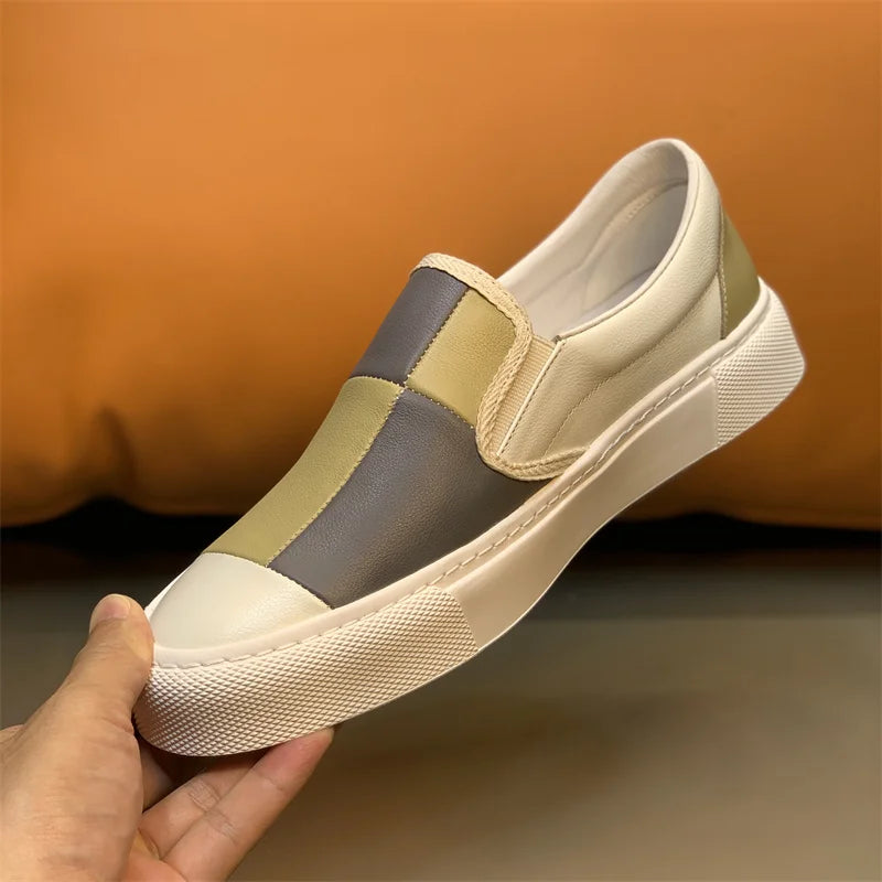 Printemps nouveaux hommes en cuir à semelles épaisses simples et à la mode couleur bloqué chaussures décontractées