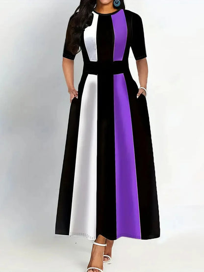 Robe à col rond bloc de couleurs, robe Vintage à manches courtes pour le printemps et l'été, vêtements pour femmes