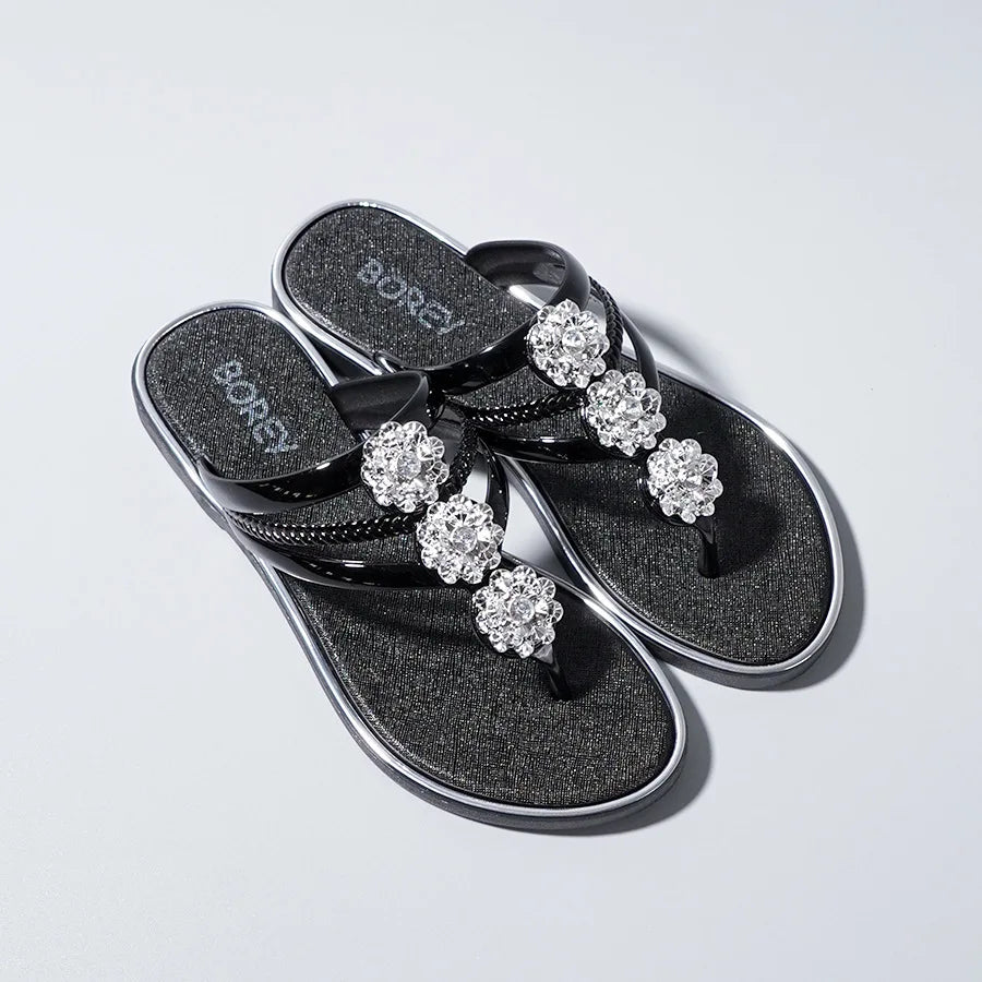 "Sandales tongs pour femmes avec strass, diapositives décontractées de plage pour vêtements d'extérieur, semelles plates et pantoufles d'été"