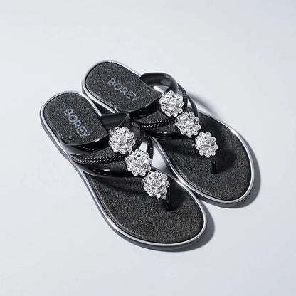 "Sandales tongs pour femmes avec strass, diapositives décontractées de plage pour vêtements d'extérieur, semelles plates et pantoufles d'été"