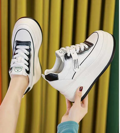 Fujin-Chaussures à l'offre elles compensées en cuir véritable pour femme, grosses chaussures blanches de 9cm, à la mode, automne et été