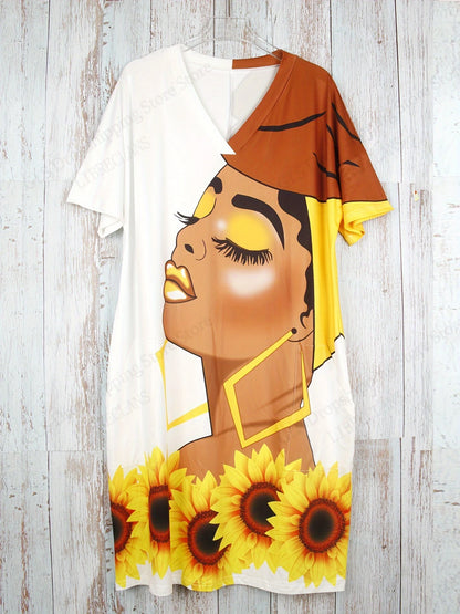 Femmes africaines robe grande taille décontracté col en v à manches courtes bohème 3D dames visage Portrait fleurs imprimer robe soirée nouveau