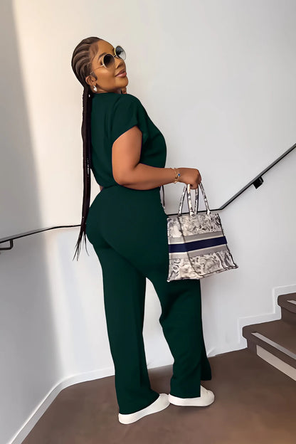 Femmes décontracté col rond cordon à manches courtes haut et taille haute pantalon ensemble été solide deux pièces costume ensembles tenues ensemble femme