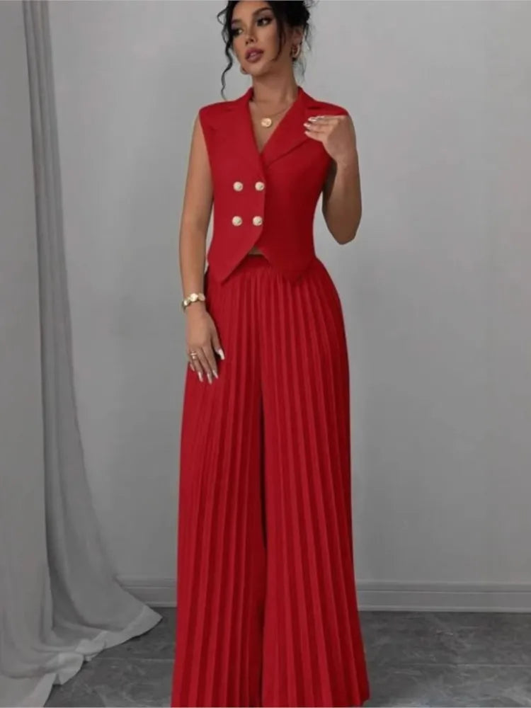 Costume de bureau pour femmes, couleur unie, décontracté, Slim, boutons, ensemble deux pièces, col rabattu, sans manches, Blazer et pantalon plissé, tenues