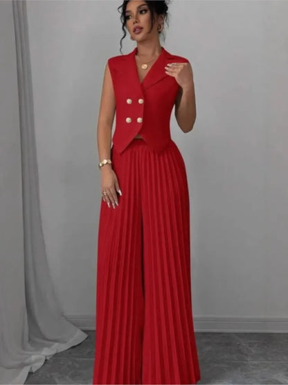 Costume de bureau pour femmes, couleur unie, décontracté, Slim, boutons, ensemble deux pièces, col rabattu, sans manches, Blazer et pantalon plissé, tenues