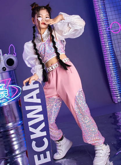 K-PoP-Ensemble de olympiques de danse jazz pour enfants, vêtements à paillettes, défilé de mode pour filles, tenues pour enfants, hip hop, hip hop