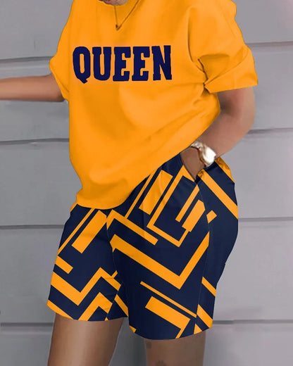Ensemble deux pièces et short à poches pour femmes, t-shirt imprimé adt, short patchwork, col rond, blanc, décontracté, mode estivale