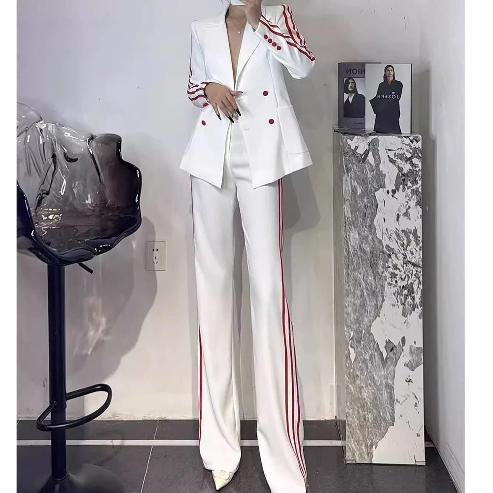 Ensemble de pantalons 2 pièces de luxe pour femmes, blazer à double boutonnage, revers Patricia, longueur régulière, coupe couvertes, haute qualité