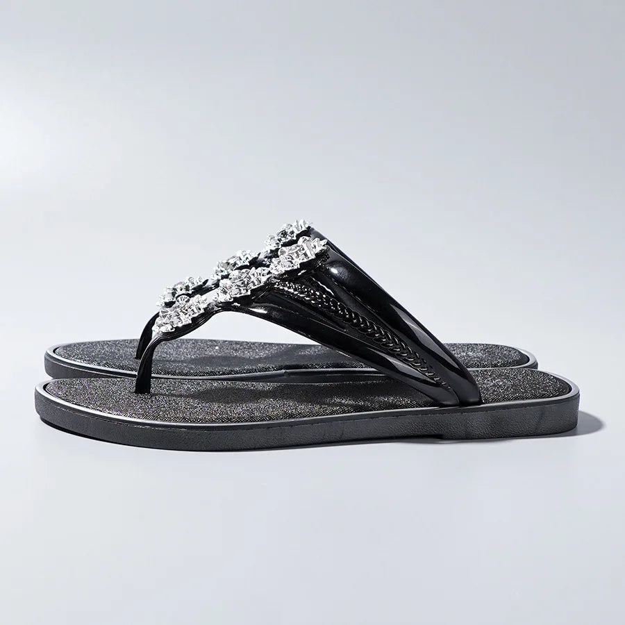 "Sandales tongs pour femmes avec strass, diapositives décontractées de plage pour vêtements d'extérieur, semelles plates et pantoufles d'été"