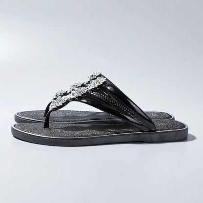 "Sandales tongs pour femmes avec strass, diapositives décontractées de plage pour vêtements d'extérieur, semelles plates et pantoufles d'été"