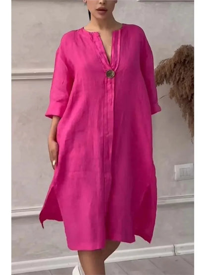 Robe d'été élégante en coton et lin pour femmes, col rond, manches longues, boutons, couleur unie, ample, décontractée, fente latérale, Simple