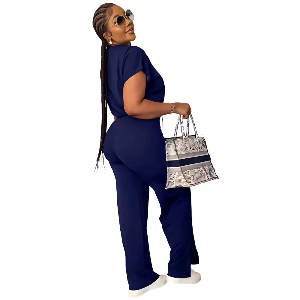 Femmes décontracté col rond cordon à manches courtes haut et taille haute pantalon ensemble été solide deux pièces costume ensembles tenues ensemble femme