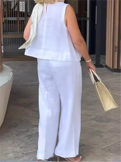 Costumes simples en coton et lin pour femmes, mode d'été, chemisier ample sans manches, pantalon à jambes larges, ensemble deux pièces pour femmes, tenues décontractées