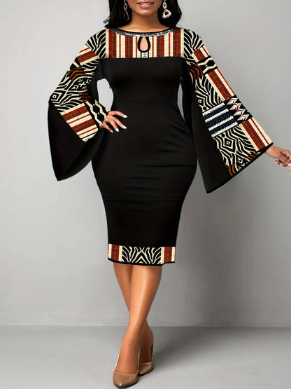 Robe élégante grande taille avec imprimé géométrique, col rond, manches à clapet, coupe couvertes à la mode, grande taille, élégante