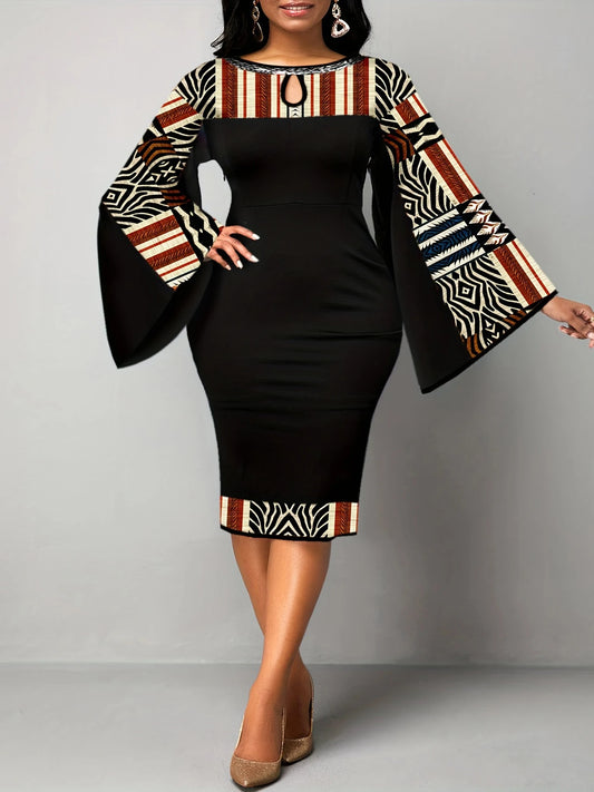 Robe élégante grande taille avec imprimé géométrique, col rond, manches à clapet, coupe couvertes à la mode, grande taille, élégante