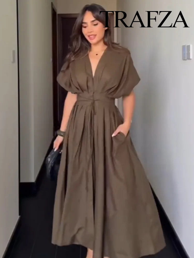 TRAFZA femmes mode d'été col en v à lacets Midi robe à manches courtes femme élégante dos nu plissé Sexy taille longue robe