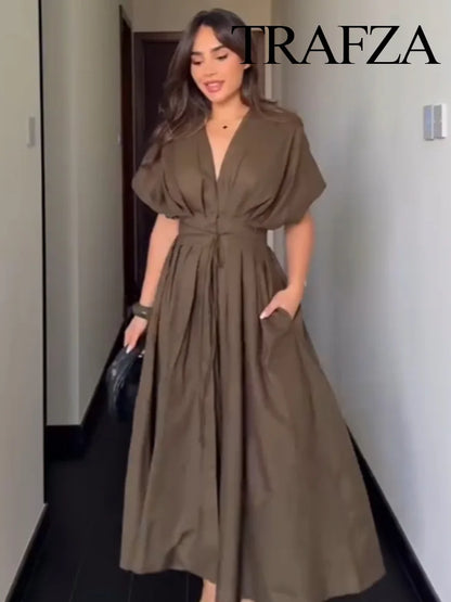 TRAFZA femmes mode d'été col en v à lacets Midi robe à manches courtes femme élégante dos nu plissé Sexy taille longue robe