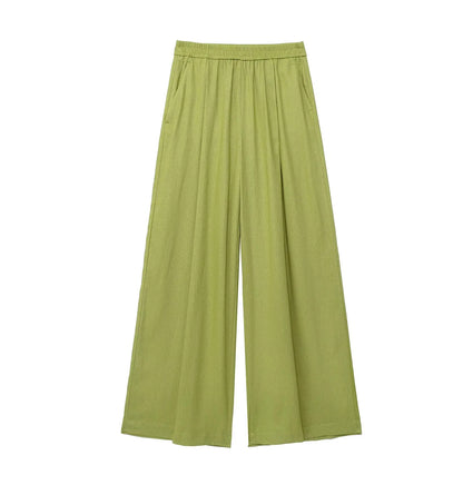 TRAFZA 2024 femmes 2 pièces ensemble taille élastique poche plis décorer pantalon à jambes larges + solide simple boutonnage fente ourlet Blouse haut