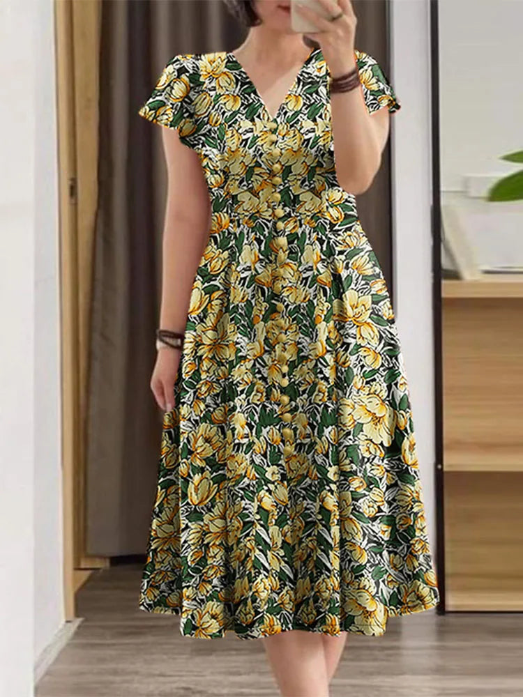 Robe d'été élégante pour femmes, col en V, manches courtes, imprimé Floral, style bohème, robes de fête de vacances, 2024