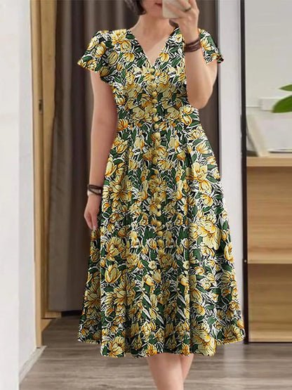 Robe d'été élégante pour femmes, col en V, manches courtes, imprimé Floral, style bohème, robes de fête de vacances, 2024