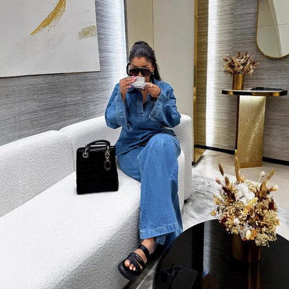 Ensemble pantalon en Denim pour femmes, ensemble deux pièces assorti, Streetwear décontracté, chemise ample, jambes larges, pantalons longs, taille haute, jean maman Y2k
