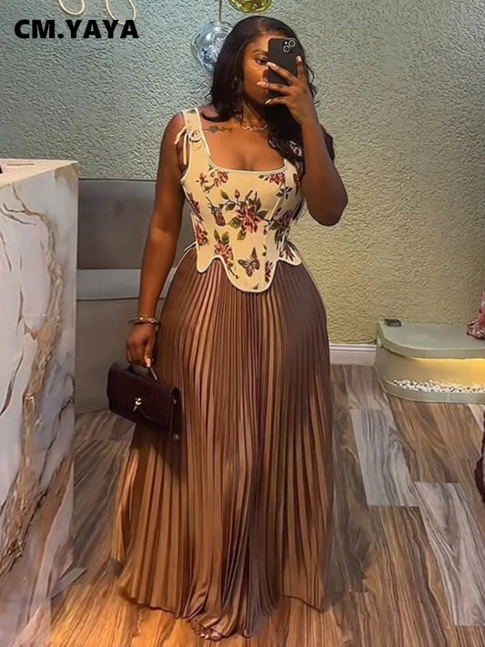 CM.YAYA ensemble femme imprimé fleuri taille cintrée gilet + jupes longues plissées costume 2025 fête soirée rue deux 2 pièces ensemble tenue