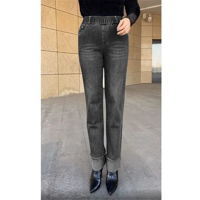 Jean femme d'âge moyen printemps automne taille extensible pantalon en Denim droit grande taille ample taille haute décontractée noir bleu pantalon