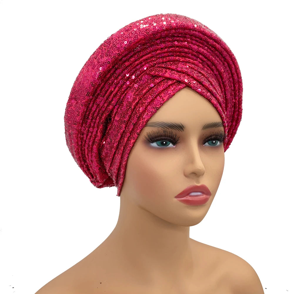 Paillettes Autogele Turban casquette pour femmes prêt africain Auto Gele casque Nigeria mariage Geles femme bandeau dame casque