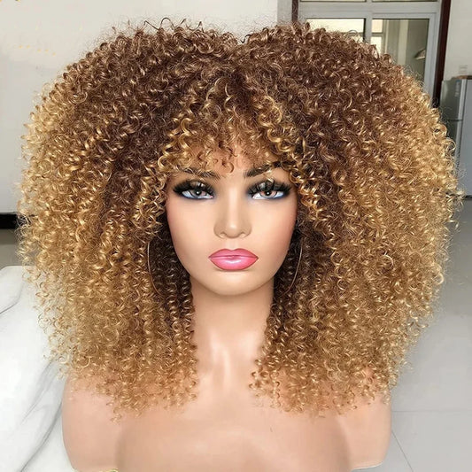 Perruques afro bouclées pour femmes noires, perruque bouclée crépue avec frange, perruque courte bouclée Bob, cheveux synthétiques d'apparence naturelle, noir et brun, 16 po