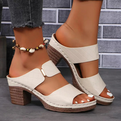 Sandales coordonnantes à talons et orteils ouverts pour femmes, pantoufles décontractées à la mode, document solide, racine carrée, été 2024