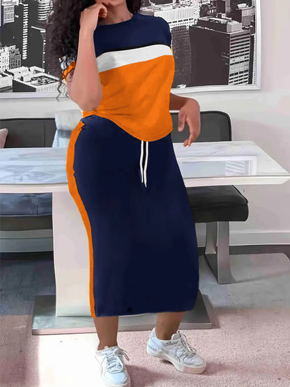 Ensemble demi-jupe d'été pour femmes, deux pièces, manches courtes, rayures latérales, ceinture de taille réglable, ample, décontracté, respirant, polyvalent