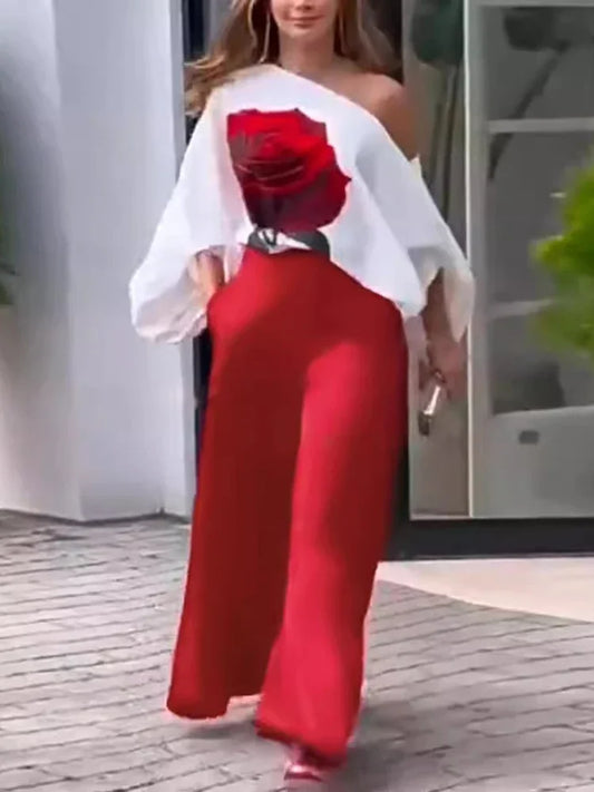 Ensemble deux pièces décontracté pour femmes, vêtements d'été pour femmes, T-shirt à manches lanternes et col incliné imprimé Rose, haut et pantalon à jambes larges, 2025