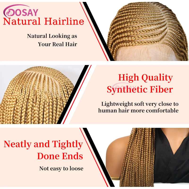 Perruques tressées en boîte Cornrow 36 pouces, perruque synthétique Blonde 613 pour femmes, perruque Lace Front Wig tressée avec raie latérale de haute qualité, perruque Faux Locs