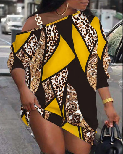 Mini robe imprimée décontractée pour femmes, mode, coupe ample, col diagonale ajouré, manches longues, robes de soirée courtes, Club, automne