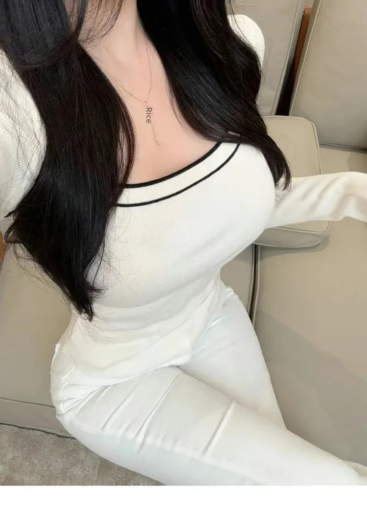 Français élégant bloc de couleur à manches longues chemise tricotée femmes col carré conception spectacle clavicule T-Shirt décontracté haut tendance