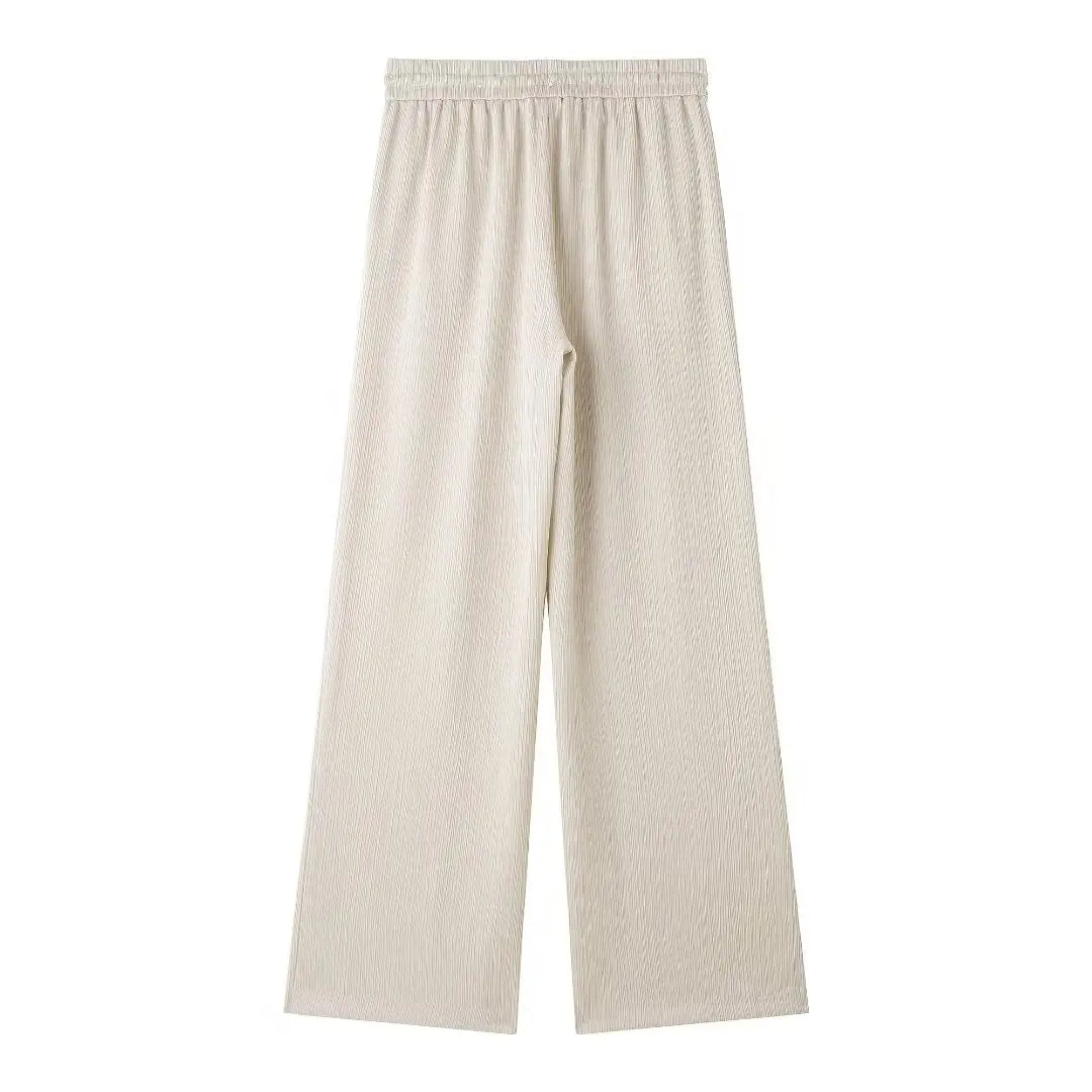 TRAFZA 2025 femmes pantalons décontractés ensemble taille haute pantalon à jambes larges + solide Beige ample glace soie Double boutonnage chemise hauts 2025 à la mode