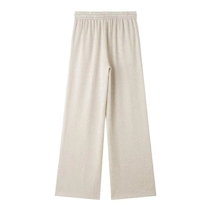 TRAFZA 2025 femmes pantalons décontractés ensemble taille haute pantalon à jambes larges + solide Beige ample glace soie Double boutonnage chemise hauts 2025 à la mode