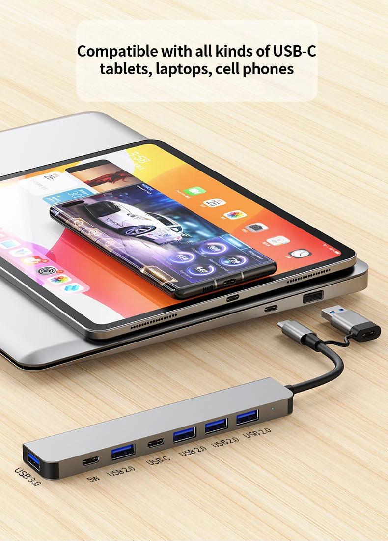 Hub USB C Hub USB 3.0, extension USB 7 en 1 en aluminium, répartiteur USB avec USB 3.0, 4 X USB 2.0 et 2 ports USB C Distributeur USB