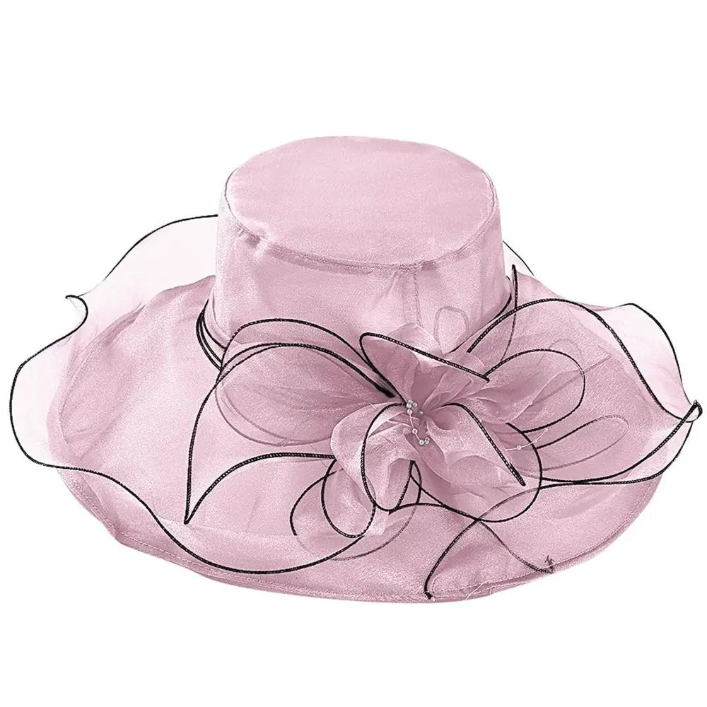 Chapeau Derby à fleurs de couleur unie pour femmes, en Organza à large bord, à volants, chapeau de soleil pliable, Protection UV, pour fête de thé, mariage
