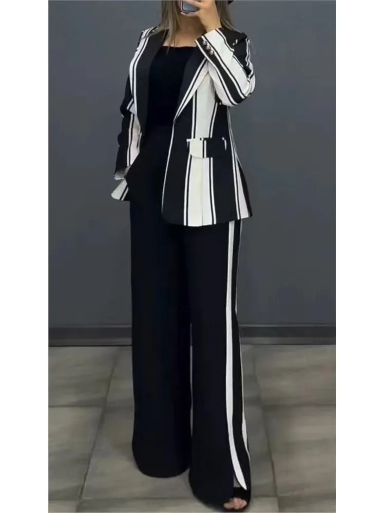 Femmes rayé imprimé costumes + pantalons deux pièces ensembles automne hiver décontracté jambe large pantalons ensembles bureau dames élégant manteaux tenues