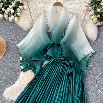 Miyake pli changement progressif couleur bord ondulé costume soleil jupe plissée à la mode et élégant deux pièces ensembles tenues pour femmes