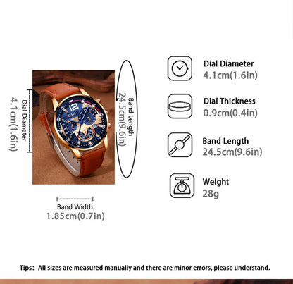 Ensemble de montres à calendrier pour hommes, montre à quartz en cuir marron, bracelet décontracté, luxe, affaires, mode masculine, 2 pièces