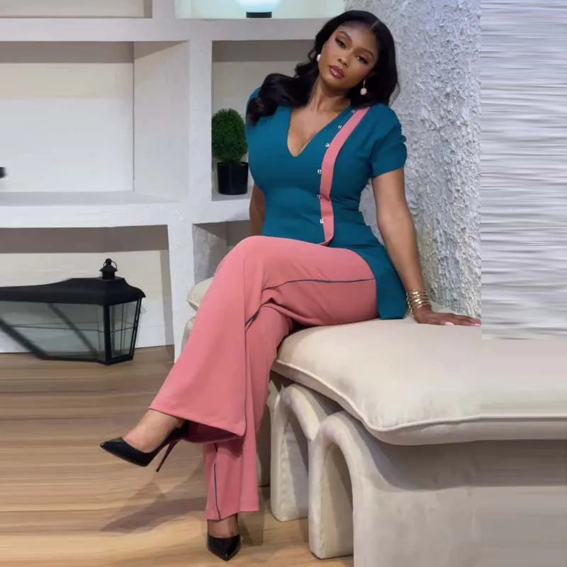 BERAKAH SUPRÊME -Haut rigide à col en V avec pantalon à jambes larges en Patchwork, ensemble deux pièces de Style africain, tenue d'affaires pour femmes, tenues d'été pour femmes
