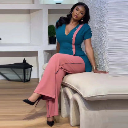 BERAKAH SUPRÊME -Haut rigide à col en V avec pantalon à jambes larges en Patchwork, ensemble deux pièces de Style africain, tenue d'affaires pour femmes, tenues d'été pour femmes