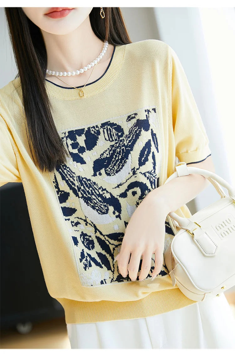 2025 été nouveau 100% Lyocell femmes à manches courtes décontracté col rond jacquard dessin animé T-shirt lâche hauts en tricot pull t-shirts cool