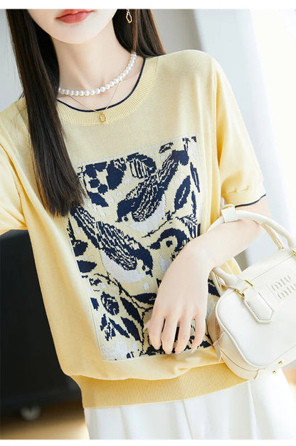 2025 été nouveau 100% Lyocell femmes à manches courtes décontracté col rond jacquard dessin animé T-shirt lâche hauts en tricot pull t-shirts cool