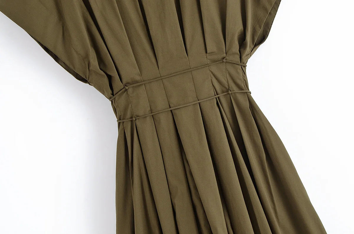 TRAFZA femmes mode d'été col en v à lacets Midi robe à manches courtes femme élégante dos nu plissé Sexy taille longue robe