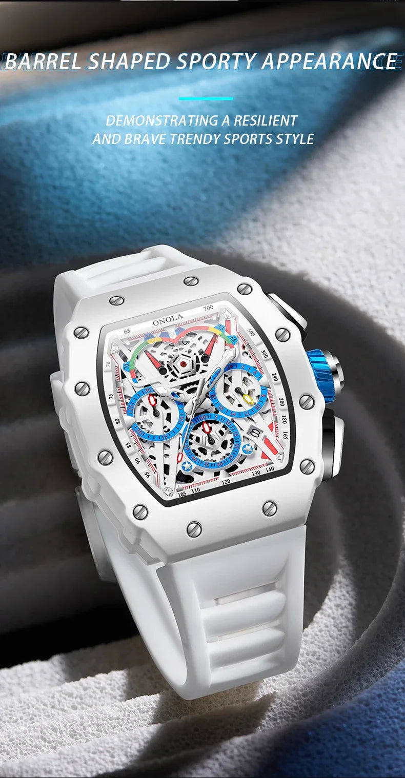 ONOLA-Montre Tonneau Étanche pour Homme, Chronographe, Quartz, dehors, Bracelet Silicone, Montre-Bracelet Blanche, Luxe, Nouvelle Mode, 2024